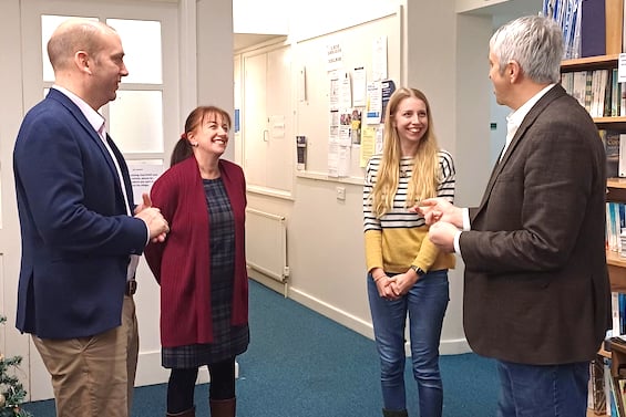 Louis Gardner, the Cornwall Council cabinet member with responsibility for Shared Prosperity Funding, ClayTAWC manager Kerry Merrifield, assistant manager Chloe Prangley and board chairman Dick Cole.
