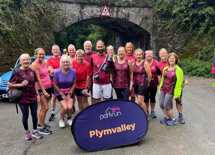 Tamar Trotters at the Plymvalley Parkrun on Saturday, August 24 to celebrate Mark Rescorl's 100th park run. Sue Mason (front in the purple top) was doing her 25th. Picture: Tamar Trotters