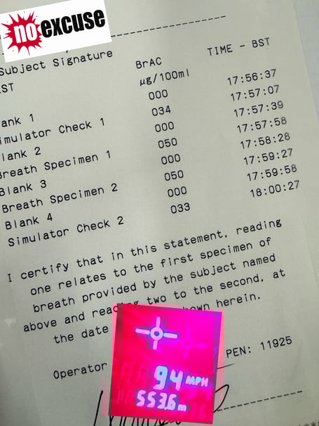 The print out of the breathalyser results 