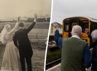 Couple recreate 65-year-old wedding photo waving at train