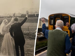 Couple recreate 65-year-old wedding photo waving at train