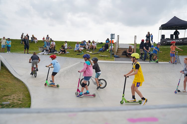 NANSLEDAN, NEWQUAY : AUGUST 31 2024 : Opening event run by Maverick at the new SLYNK skate park at Nansledan, photographed by Hugh Hastings for the Duchy of Cornwall.
