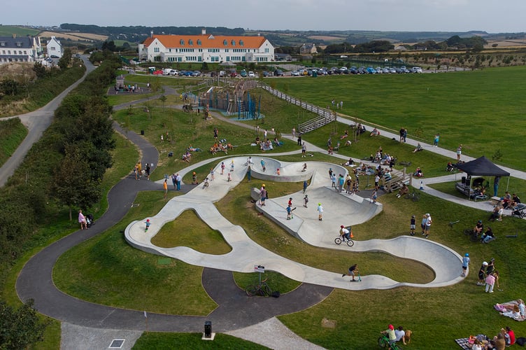 NANSLEDAN, NEWQUAY : AUGUST 31 2024 : Opening event run by Maverick at the new SLYNK skate park at Nansledan, photographed by Hugh Hastings for the Duchy of Cornwall.