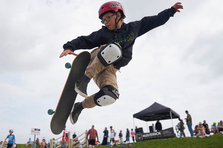 NANSLEDAN, NEWQUAY : AUGUST 31 2024 : Opening event run by Maverick at the new SLYNK skate park at Nansledan, photographed by Hugh Hastings for the Duchy of Cornwall.
