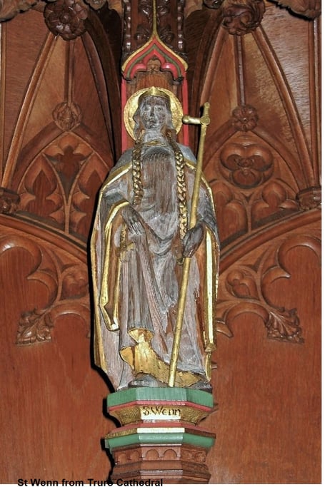 Violet Pinwill's carving of St Wenn from the choir stalls of Truro Cathedral