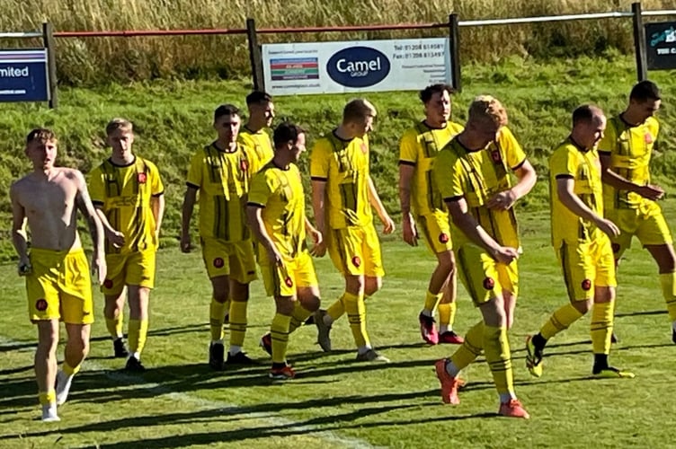 Dobwalls' players moments after celebrating their injury-time winner at Wadebridge Town on Saturday. Picture: Kevin Marriott