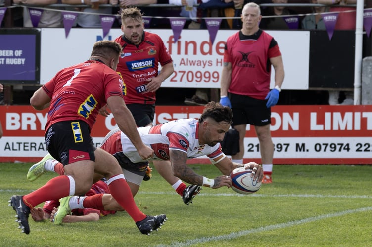 Alex Ducker, pictured scoring in the recent derby success at Redruth, dotted down twice for Camborne. Picture: Steve Mock