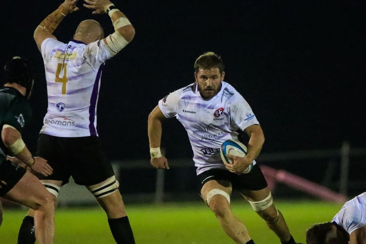 Cornish Pirates captain John Stevens pictured running at the Nottingham defence before being forced off injured in the first half of last Friday night's Championship opener, is missing for tomorrow's big clash. Picture: Brian Tempest