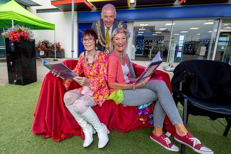 St Austell mayor Cllr Julian Young with storytellers Sheila and Jenny at the St Austell Fun Day. Picture: Paul Williams