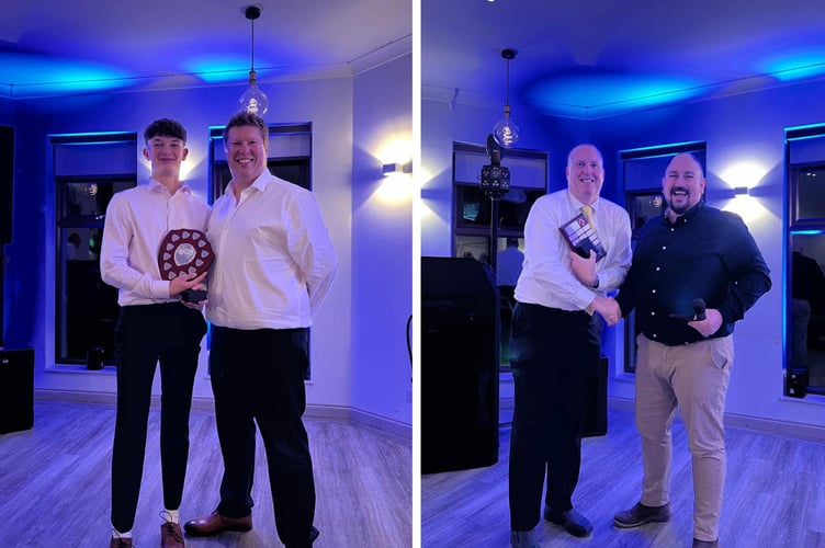 Ryan Hodge (far left) won the Norman Buckingham Award, while club chairman Toby Beresford-Power (right) and Tony Farrant are all smiles. Pictures: Callington CC