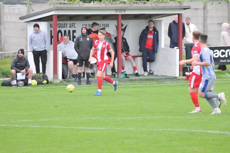 Newquay youngster, Ollie Butterworth, who came on as a second half substitute runs down the right against Holsworthy. Picture: Steve Rich