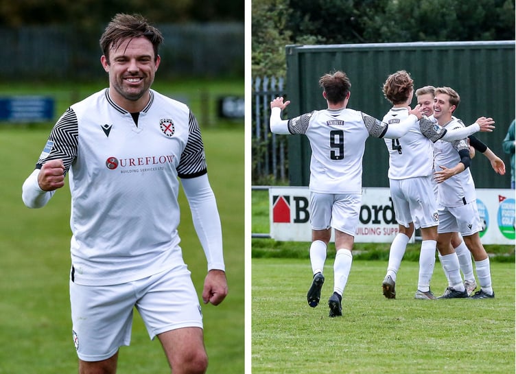 St Austell secured a third league victory of the season on Saturday as they beat high-flying Barnstaple Town 2-1 at Poltair Park. In-form frontman Liam Eddy, who scored after just 65 seconds is pictured left, while Matt Searle is mobbed by his team-mates after getting the all-important second. Pictures: Paul Williams