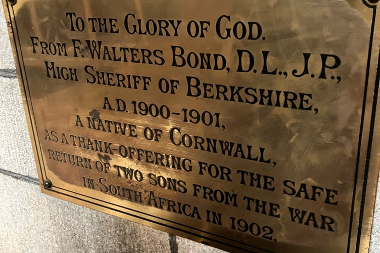 A plaque at Truro Cathedral - F Walters Bond's sons returned unharmed