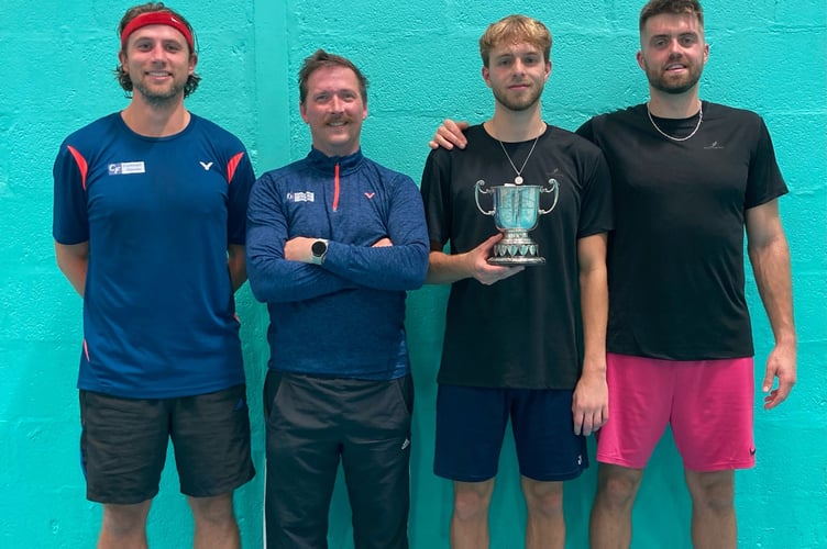 Men’s doubles runners-up Guy Michell and James Whetter (St Austell) with champions Harry and Jack Dyer (Truro). Picture: Cornwall Badminton