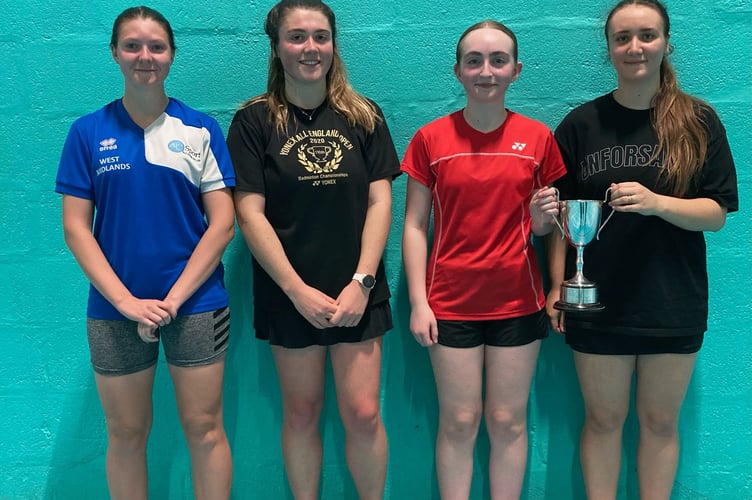 The women's doubles finalists. From left: Runners-up Hannah Pugh and Maddie Griffiths (Newquay) and champions Bridget Murray and Hope Warner (Pool). Pictures: Cornwall Badminton