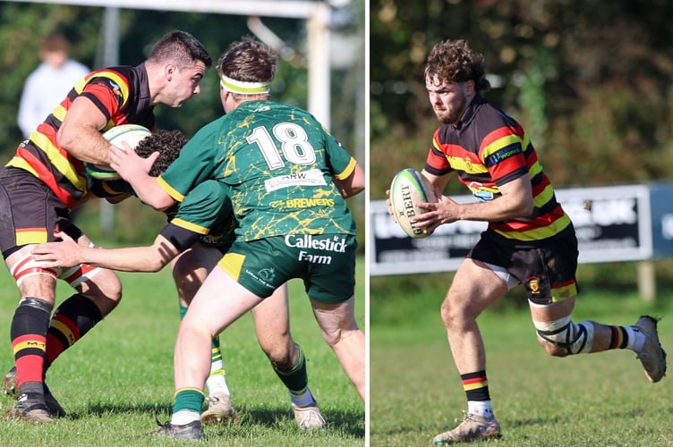 The Eatwells, Phil (left) and Greg (right) charge at the Perranporth defence. Pictures: Glen Rogers