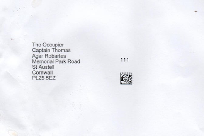 The letter gives the appearance of being addressed to Captain Thomas Agar-Robartes in "Memorial Park Road".