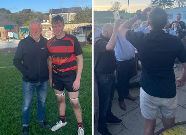 Will Hoskin was Liskeard's man of the match, while right: players from both teams enjoyed a classic boat race. Pictures: Liskeard-Looe RFC