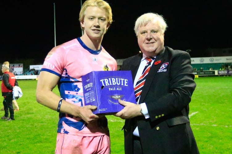 Exeter Chiefs full-back Josh Hodge was named man of the match following an outstanding display that yielded 28 points, and is pictured being presented the award by Cornish Pirates chairman, Paul Durkin. Picture: Brian Tempest