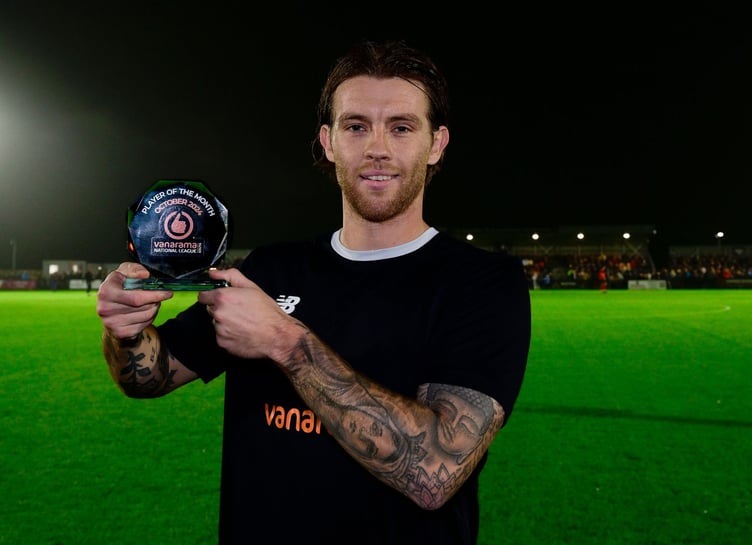 Tyler Harvey with the National League South player of the month award for October. Picture: Phil Mingo/PPAUK