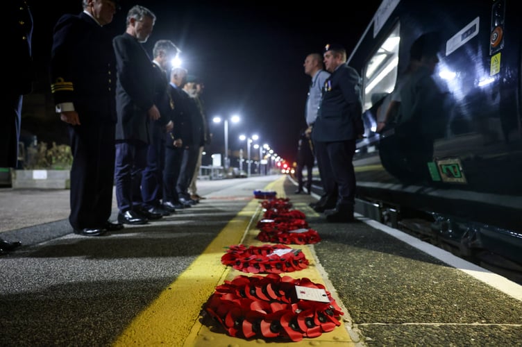 Mayor of Penzance Stephen Reynolds joins Lord-Lieutenant of Cornwall Colonel Sir Edward Bolitho and representatives of Armed Forces charities to lay wreaths on the 5.03am GWR âPoppies to Paddingtonâ train on Monday 11 November as part of Routes of Remembrance 2024. Photo by Penzance Council