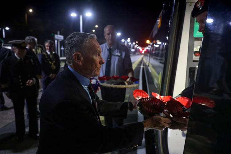 Mayor of Penzance Stephen Reynolds joins Lord-Lieutenant of Cornwall Colonel Sir Edward Bolitho and representatives of Armed Forces charities to lay wreaths on the 5.03am GWR âPoppies to Paddingtonâ train on Monday 11 November as part of Routes of Remembrance 2024. Photo by Penzance Council