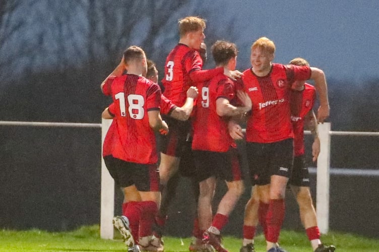 Dobwalls celebrate one of their goals against Wendron United on Saturday. Picture: Colin Hilton
