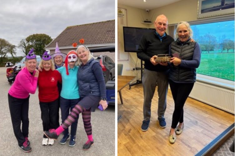 LEFT: Some of St Austell's ladies get into the Hallowe'en spirit. RIGHT: The winners of the Mixed John Job Salver Foursomes Stableford, Peter Groocock and Lenise Blom. Pictures: St Austell Golf Club