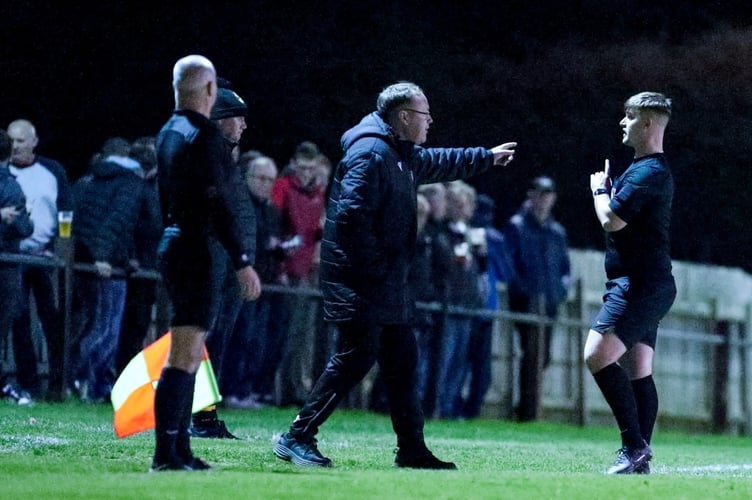 St Austell manager Chris Knight, pictured speaking to the referee earlier in the season, admits it's great both they and local rivals St Blazey are in the Western League Premier Division. Picture: Paul Williams