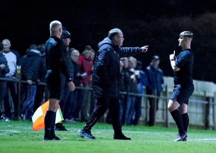 St Austell manager Chris Knight, pictured speaking to the referee earlier in the season, admits it's great both they and local rivals St Blazey are in the Western League Premier Division. Picture: Paul Williams