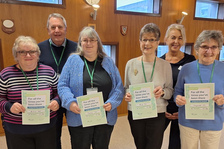 Cornwall Samaritans: Sylvia Powlesland, Martin Buck, Melanie Tylor, Anne Lemon, Sue Wilkins (director) and Margaret Tucker