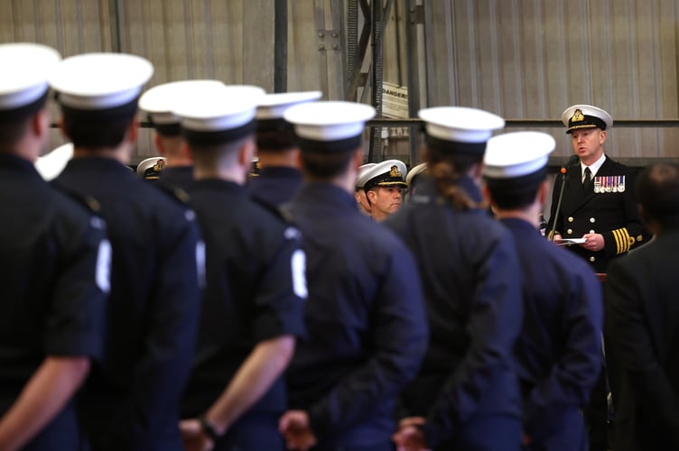 Pictured- Captain James Hall addresses personnel based at RNAS Culdrose.
RNAS Culdrose welcomed Captain James Hall as he becomes the new commanding officer of the Helston air station.
Captain Hall said: âI am incredibly proud and excited to return home to RNAS Culdrose. As a previous Sea King and Merlin aviator it is a huge privilege to take command of this air station at a time when we have already commenced the transition of maritime aviation to encompass uncrewed and autonomous systems within our fighting arm.
âThe women and men of the Fleet Air Arm are the heartbeat of everything that we do, and the team here at Culdrose is pivotal to delivering outputs for our nation. The continued necessity to protect the UKâs strategic nuclear deterrent, to defend the carriers HMS Prince of Wales and HMS Queen Elizabeth, whilst also deploying on other ships across the globe, will ensure that we remain at the forefront of developments in maritime warfare and naval aviation.â
