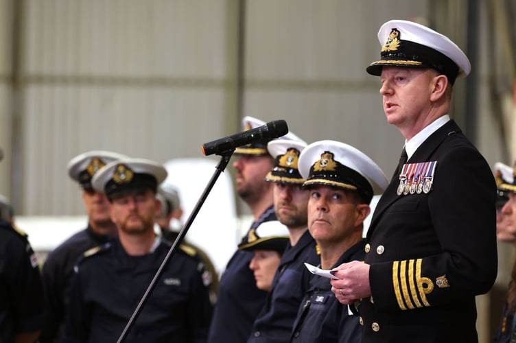 Pictured- Captain James Hall addresses personnel based at RNAS Culdrose.
RNAS Culdrose welcomed Captain James Hall as he becomes the new commanding officer of the Helston air station.
Captain Hall said: âI am incredibly proud and excited to return home to RNAS Culdrose. As a previous Sea King and Merlin aviator it is a huge privilege to take command of this air station at a time when we have already commenced the transition of maritime aviation to encompass uncrewed and autonomous systems within our fighting arm.
âThe women and men of the Fleet Air Arm are the heartbeat of everything that we do, and the team here at Culdrose is pivotal to delivering outputs for our nation. The continued necessity to protect the UKâs strategic nuclear deterrent, to defend the carriers HMS Prince of Wales and HMS Queen Elizabeth, whilst also deploying on other ships across the globe, will ensure that we remain at the forefront of developments in maritime warfare and naval aviation.â