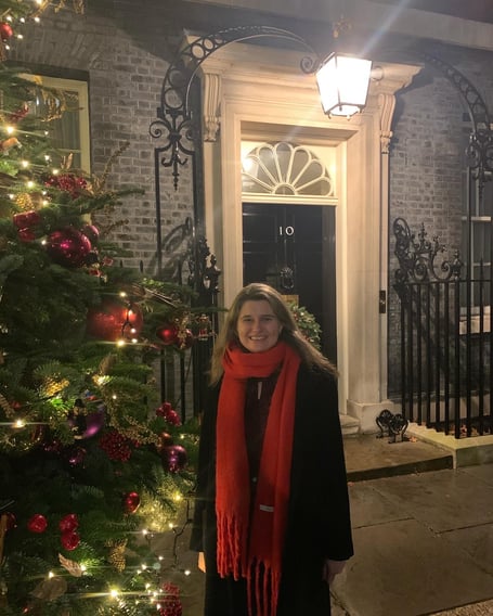 Jayne Kirkham outside a festive looking Number 10