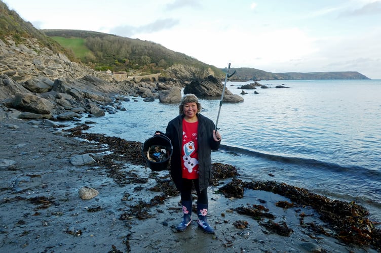 Rowena Castillo-Nicholls during her beach clean at West Portholland.