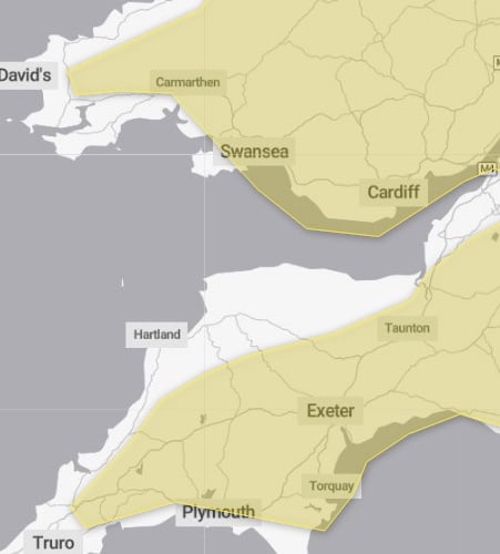 The yellow weather warning across the UK has been extended to include Devon and Cornwall. (Picture: Met Office)