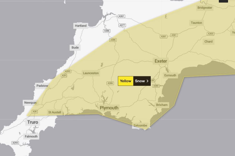 A second weather warning for Wednesday (January 8) warns of snow and travel disruption across Devon and Cornwall. (Picture: Met Office)
