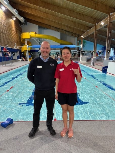 Liskeard Leisure Centre manager Brett Price and staff member Xueying Cao celebrate the transformation of facilities