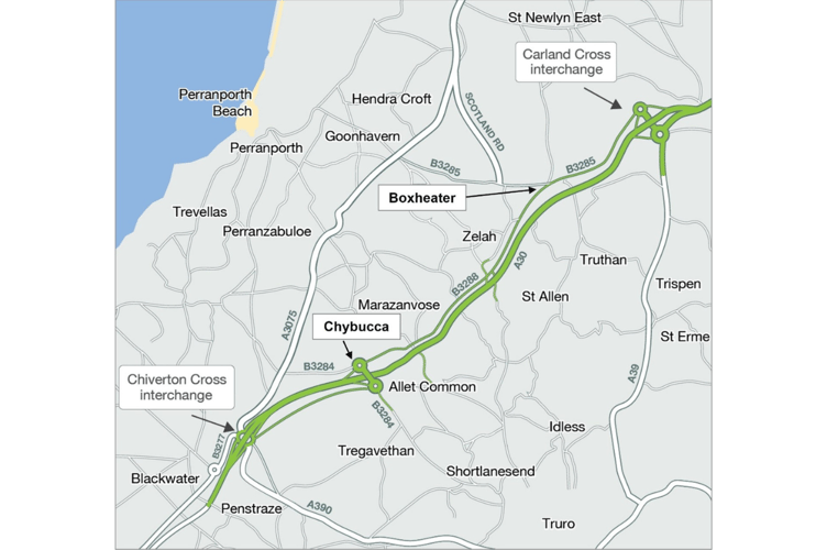 map of the scheme once fully completed and how the old A30 will look as the B3288 and B3285.