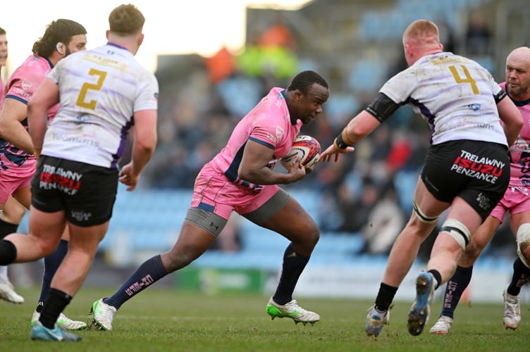 Kwenso Blose in action for the Exeter Chiefs during their Premiership Rugby Cup clash with the Cornish Pirates at Sandy Park