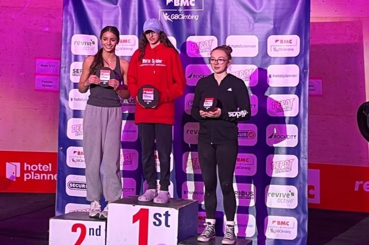 Seren Wills (right) took bronze in the Under-17 category of the British Lead Climbing Championships 2025 in Manchester 