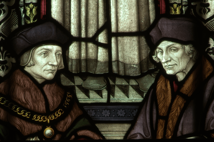 Erasmus (right) and his friend Sir Thomas More in Truro Cathedral 