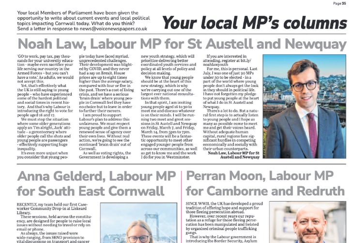 MP Noah Law's column in the Voice.