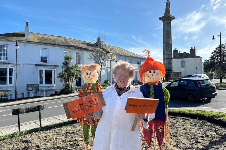 Cllr Armorel Carlyon with her Jack and Jill statues at the top of Truro's Lemon Street