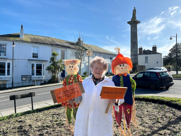 Cllr Armorel Carlyon with her Jack and Jill statues at the top of Truro's Lemon Street