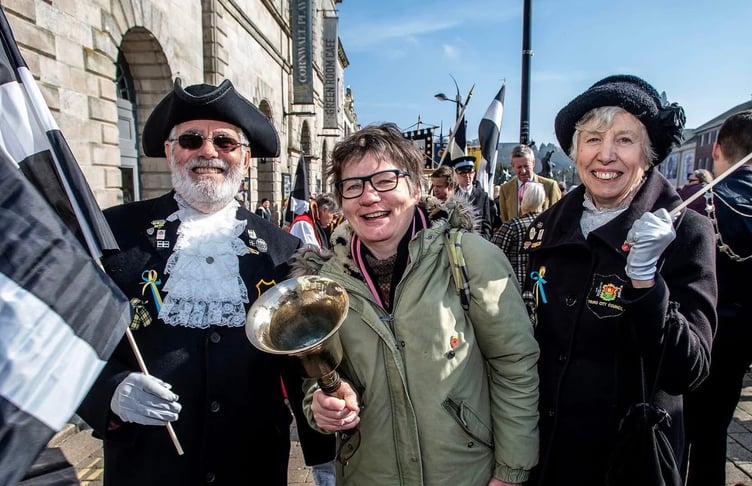 Kirstie with town crier Lionel Knight and his wife Ann on St Piran's Day