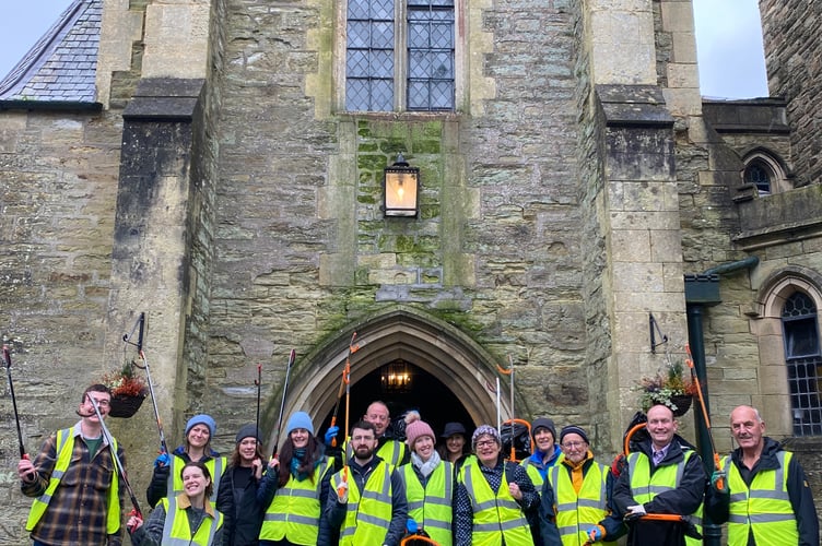 Truro community litter pickers gather outside The Alverton for the 2025 City Clean Up