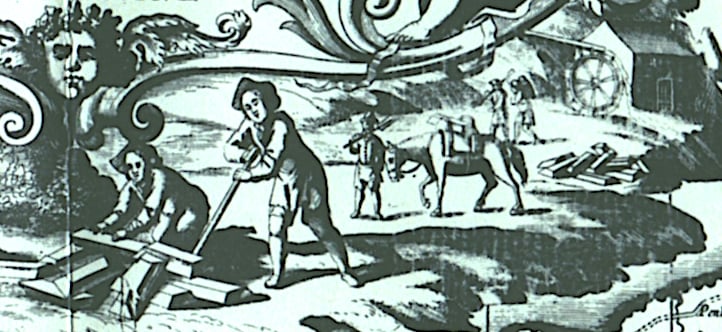 Tinners at work in Joel Gascoyne's 1699 'Map of the County of Cornwall'