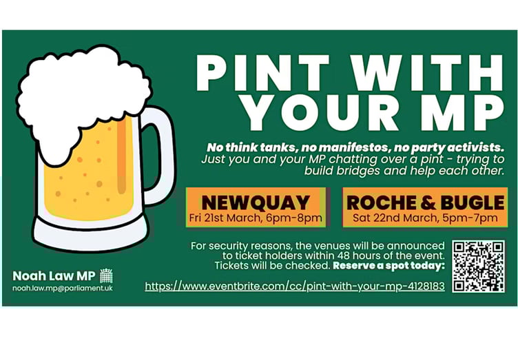 MP Noah Law is hoping to talk with constituents over a pint.