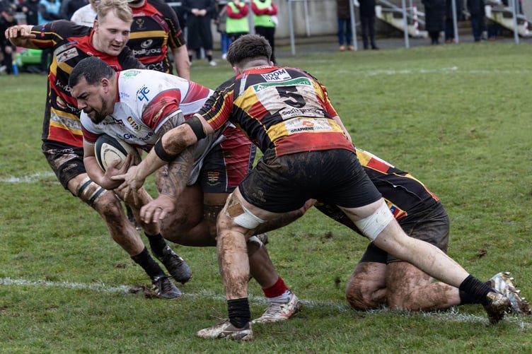 Josh Matavesi, pictured scoring for Camborne against Cinderford, lines up at inside-centre. Picture: Steve Mock